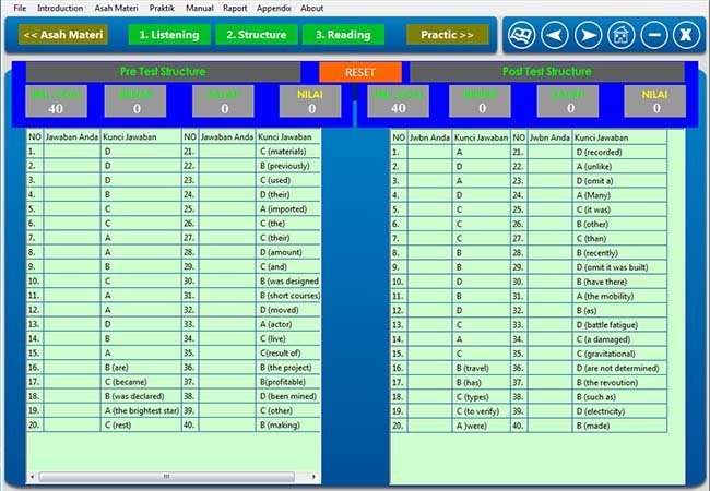 software belajar soal tes toefl hasil nilai