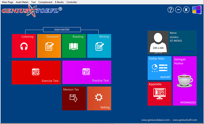 halaman depan aplikasi genius toefl