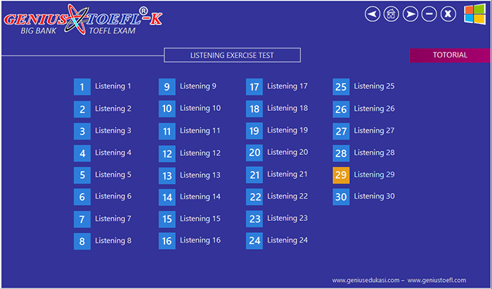 tampilan menu listening genius toefl-k