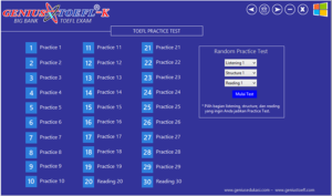 halaman menu practice tes genius toefl-k