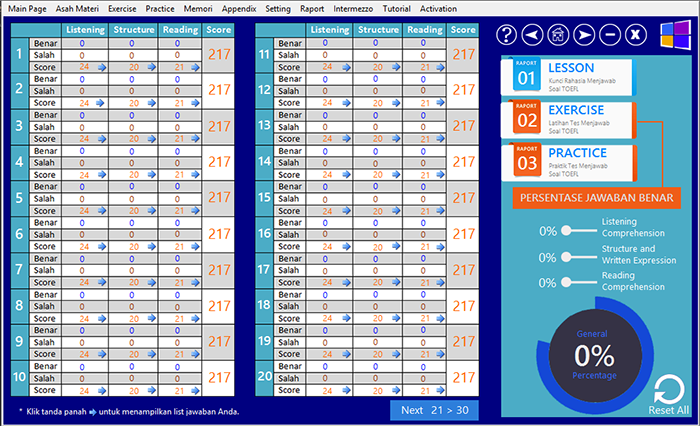 halaman raport belajar software genius toefl platinum