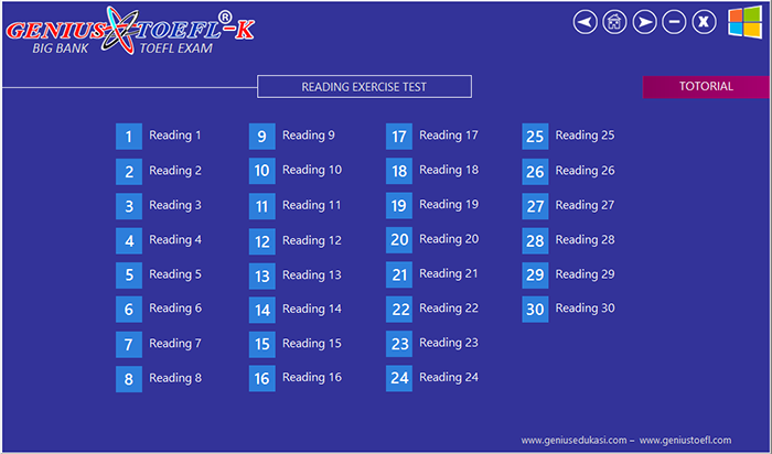 halaman menu reading genius toefl-k