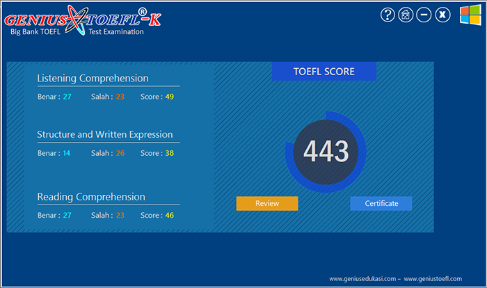 halaman score tes toefl-k