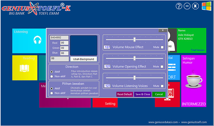 halaman setting pengaturan software genius toefl-k